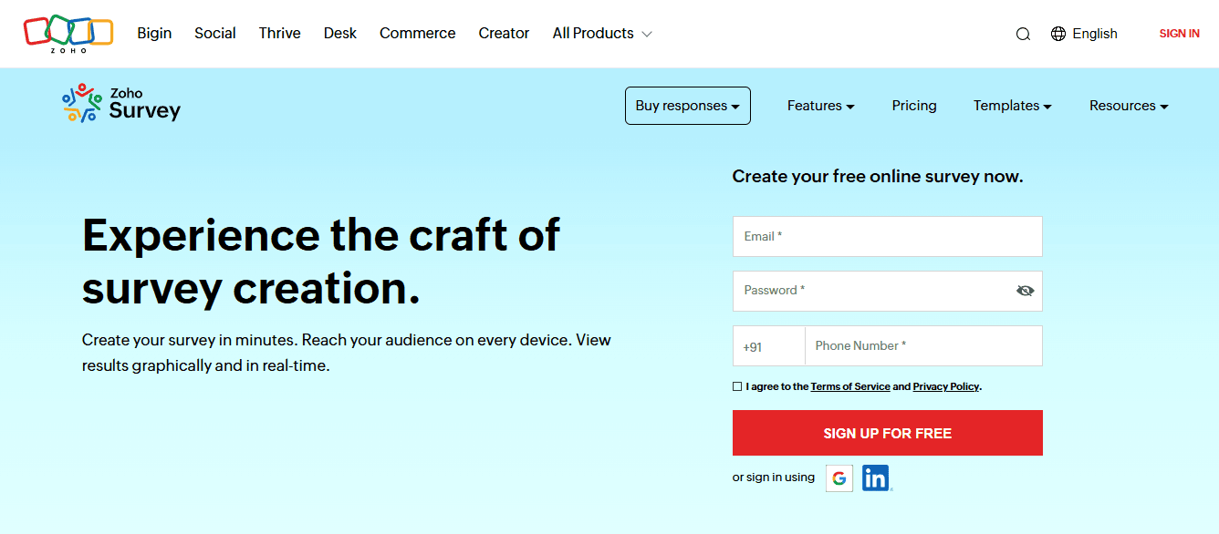 Zoho survey home page